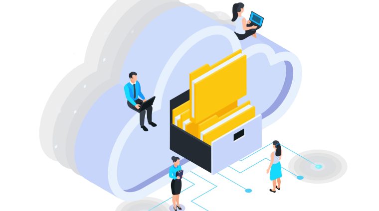 Cloud services isometric composition with icons of folders in cloud box with sitting people vector illustration