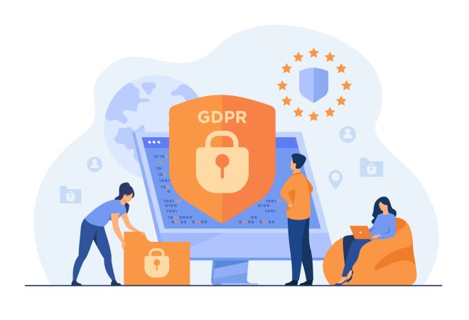 Tiny people protecting business data and legal information isolated flat vector illustration. General privacy regulation for protection of personal data. GDPR and privacy politics concept