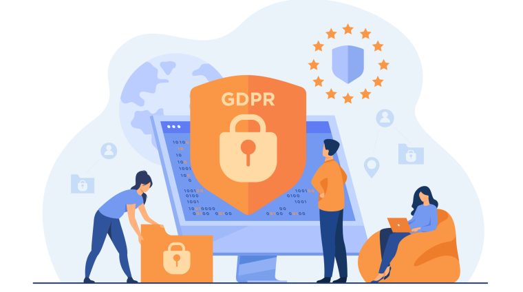 Tiny people protecting business data and legal information isolated flat vector illustration. General privacy regulation for protection of personal data. GDPR and privacy politics concept