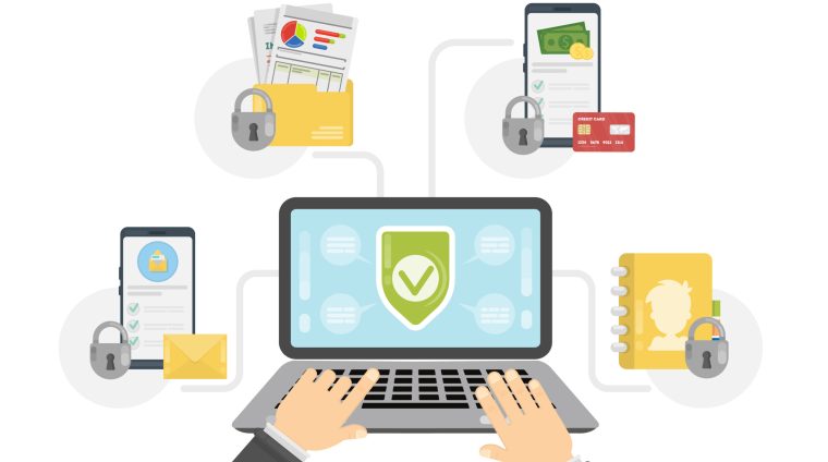 Data protection concept. Laptop with files connection. Shiled sign.